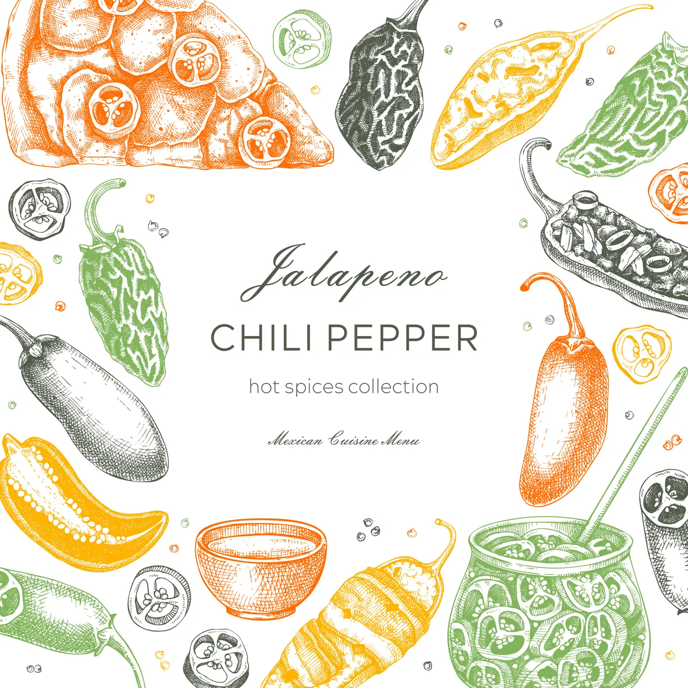 Mexican cuisine menu restaurant frame design. Ripe jalapeno chili pepper sketches. Hot spices, vegetarian, healthy food hand drawn vector illustration. Jalapeno slices, seeds, chipotle  for packaging Illustration